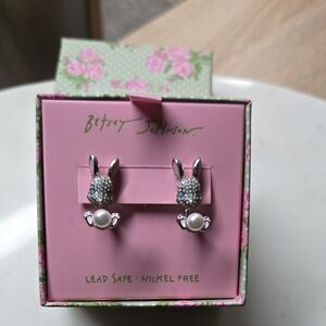 Betsey Johnson Silver and Pearl Bunny Earrings